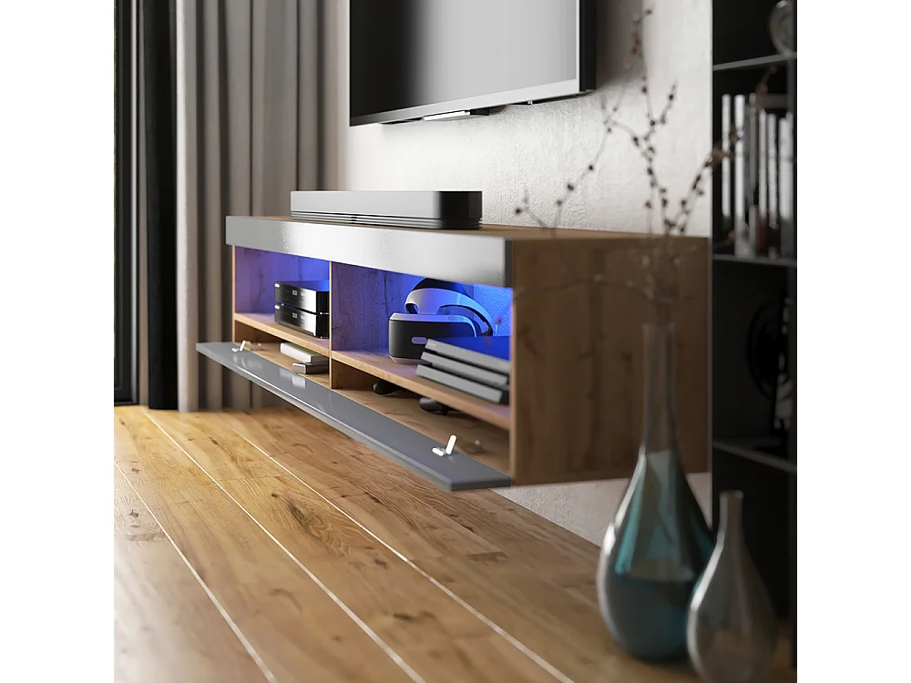 Meuble TV - 140 cm - Chêne Lancaster / Gris brillant - VIANSOLA