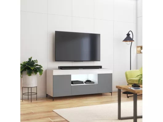 Kauf Unique TV-Lowboard / TV-Schrank stehend mit Füßen - geschlossener Stauraum - offenes Fach, 137 cm (Weiß Matt / Grau Matt, batteriebetriebene LED) - GUSTO