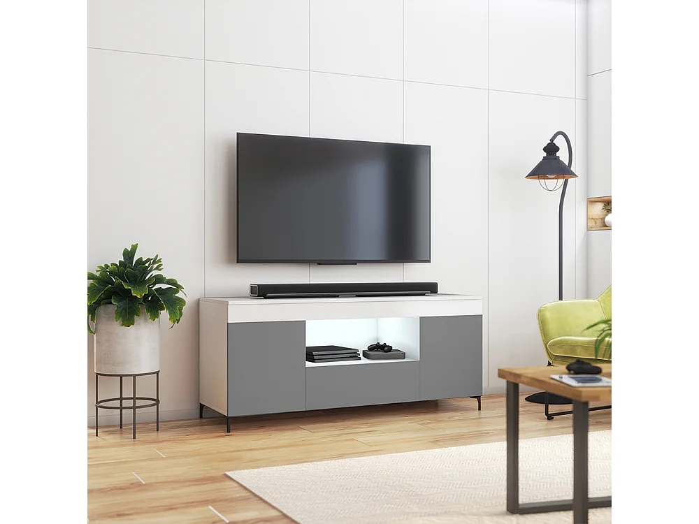 TV-Lowboard / TV-Schrank stehend mit Füßen - geschlossener Stauraum - offenes Fach, 137 cm (Weiß Matt / Grau Matt, batteriebetriebene LED) - GUSTO
