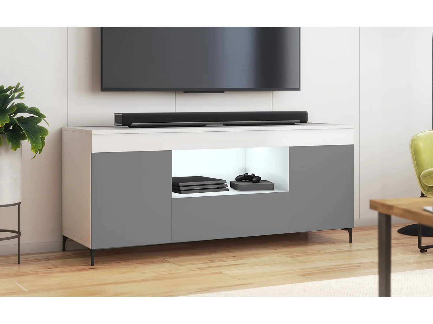 TV-Lowboard / TV-Schrank stehend mit Füßen - geschlossener Stauraum - offenes Fach, 137 cm (Weiß Matt / Grau Matt, batteriebetriebene LED) - GUSTO