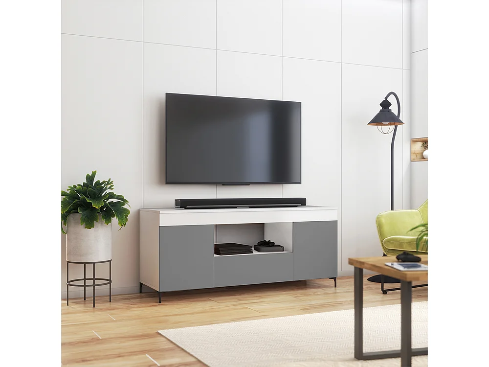 TV-Lowboard / TV-Schrank stehend mit Füßen - geschlossener Stauraum - offenes Fach, 137 cm (Weiß Matt / Grau Matt, batteriebetriebene LED) - GUSTO