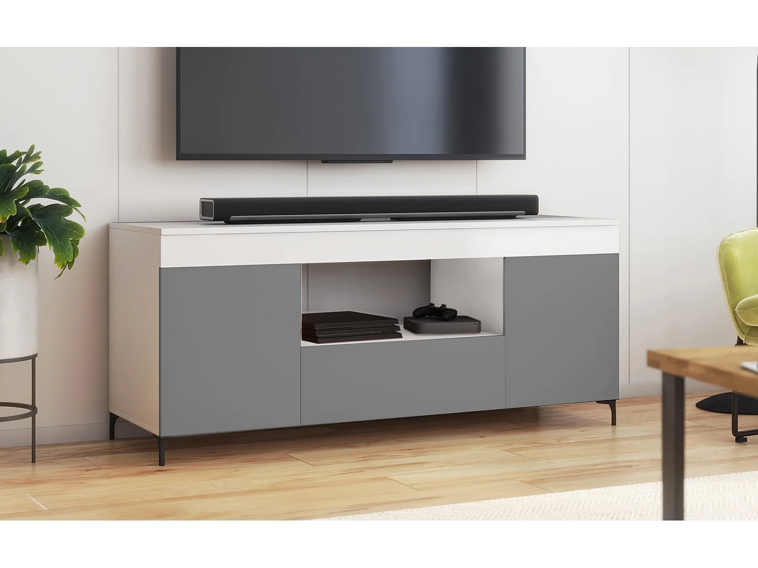 TV-Lowboard / TV-Schrank stehend mit Füßen - geschlossener Stauraum - offenes Fach, 137 cm (Weiß Matt / Grau Matt, batteriebetriebene LED) - GUSTO