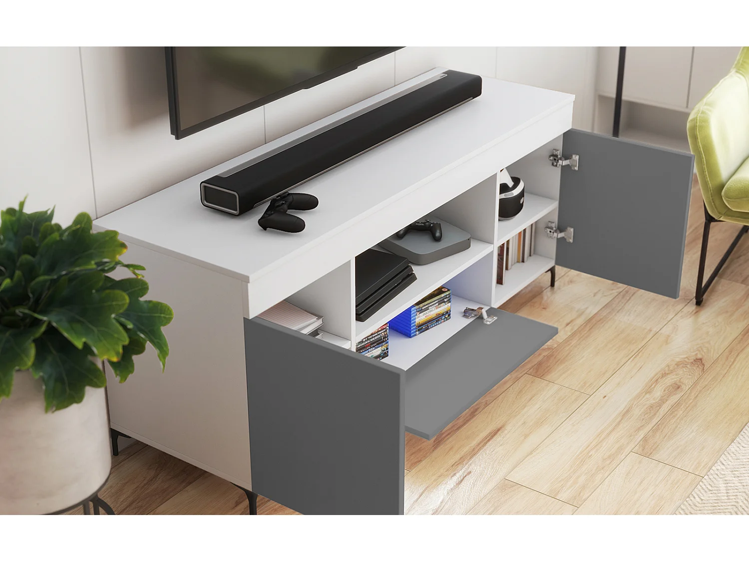 TV-Lowboard / TV-Schrank stehend mit Füßen - geschlossener Stauraum - offenes Fach, 137 cm (Weiß Matt / Grau Matt, batteriebetriebene LED) - GUSTO