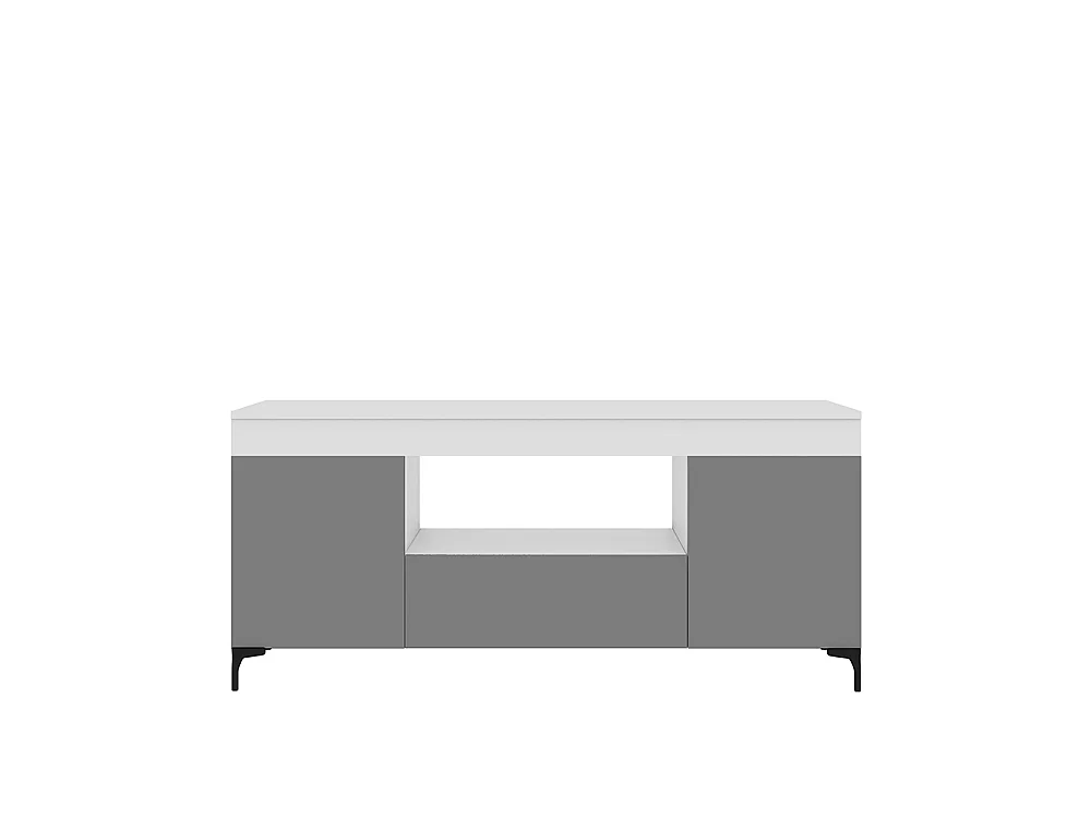 TV-Lowboard / TV-Schrank stehend mit Füßen - geschlossener Stauraum - offenes Fach, 137 cm (Weiß Matt / Grau Matt, batteriebetriebene LED) - GUSTO