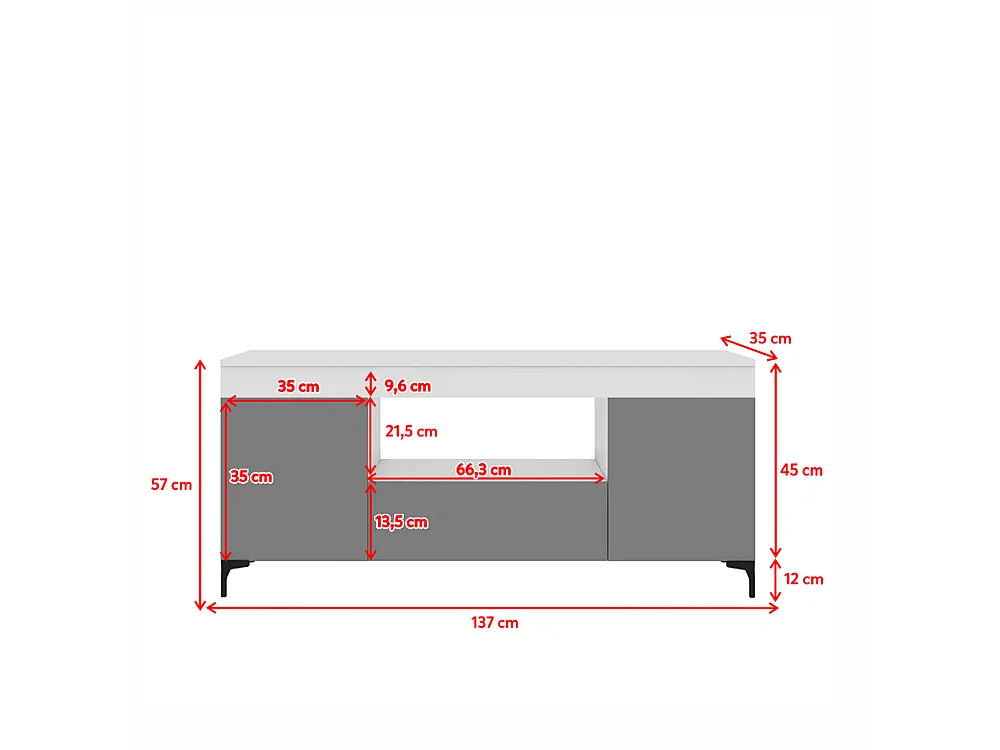 TV-Lowboard / TV-Schrank stehend mit Füßen - geschlossener Stauraum - offenes Fach, 137 cm (Weiß Matt / Grau Matt, batteriebetriebene LED) - GUSTO
