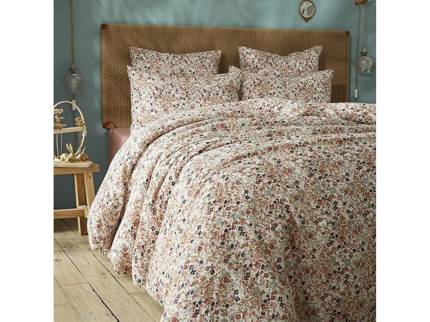 Housse de couette gaze de coton imprimé floral rose 240x220