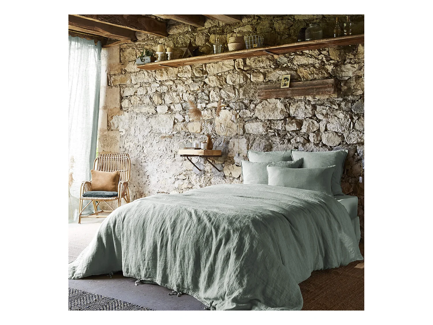 Housse de couette lin lavé vert 260x240