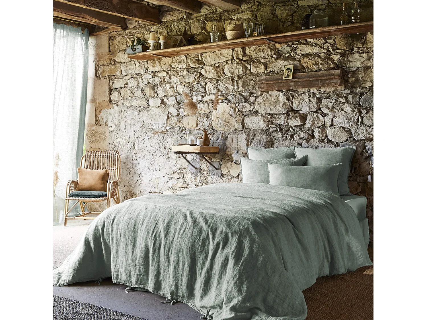 Housse de couette lin lavé vert 260x240