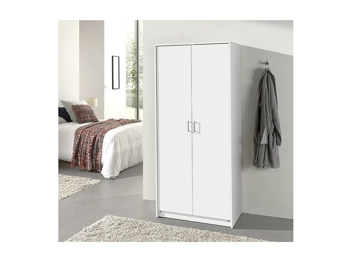 Armoire 2 portes coloris blanc collection REY. Garde Robe idéal pour votre entrée ou votre buanderie