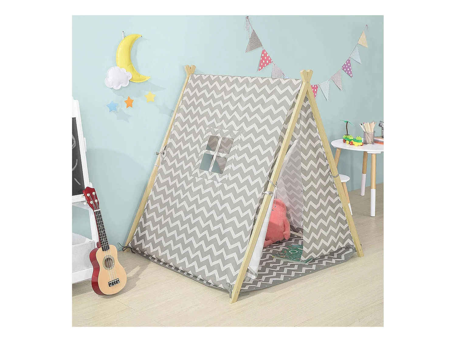 SoBuy OSS02-HG Speeltent Tipi Tent voor Kinderen Kindertent met 2 Deuren en een Raamspeelhuis lichtgrijs