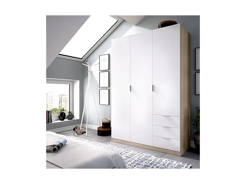 Armario Essen 3 puertas abatibles con 3 cajones blanco/natural 184x121x52