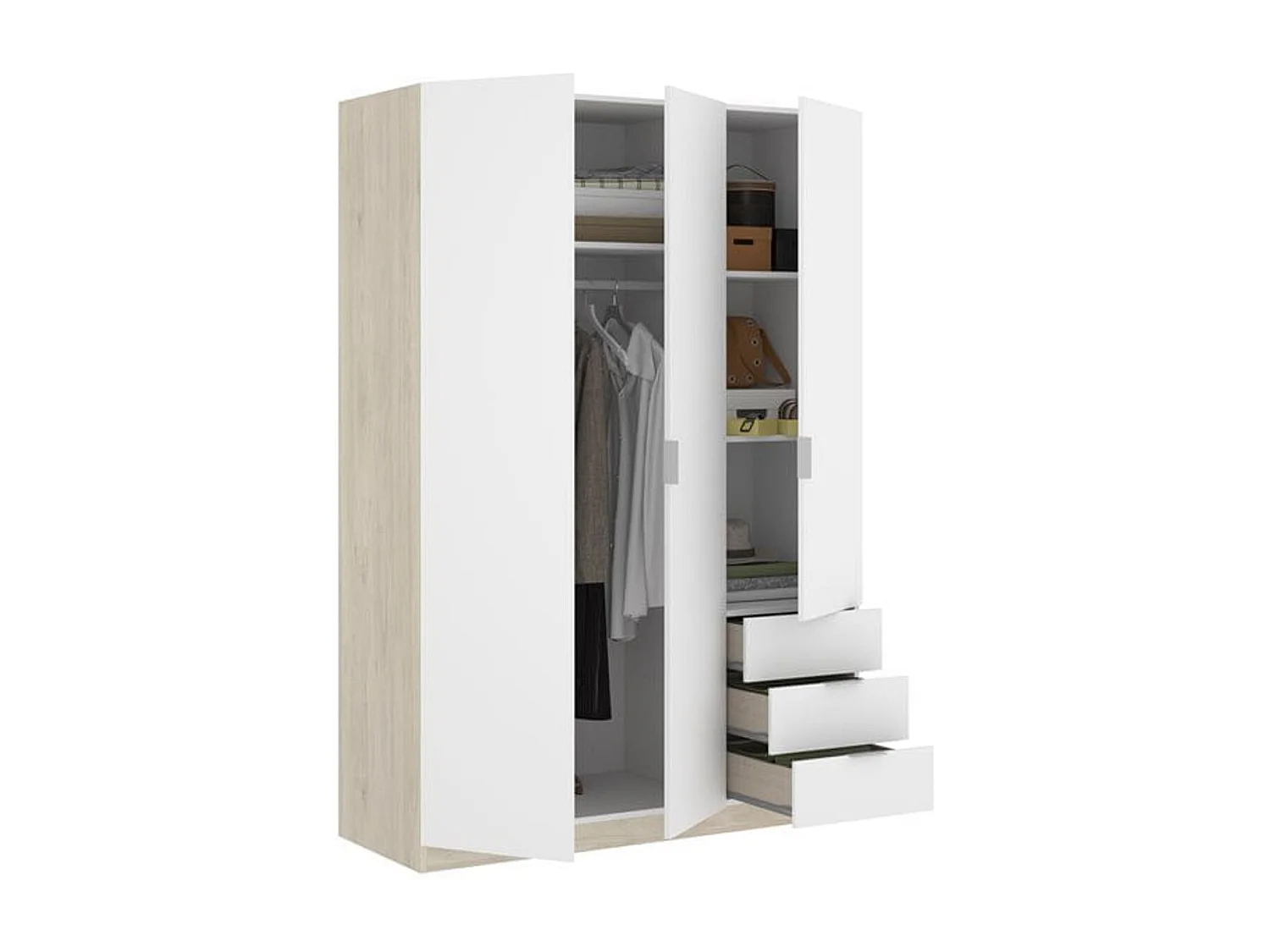 Armario Essen 3 puertas abatibles con 3 cajones blanco/natural 184x121x52 cm
