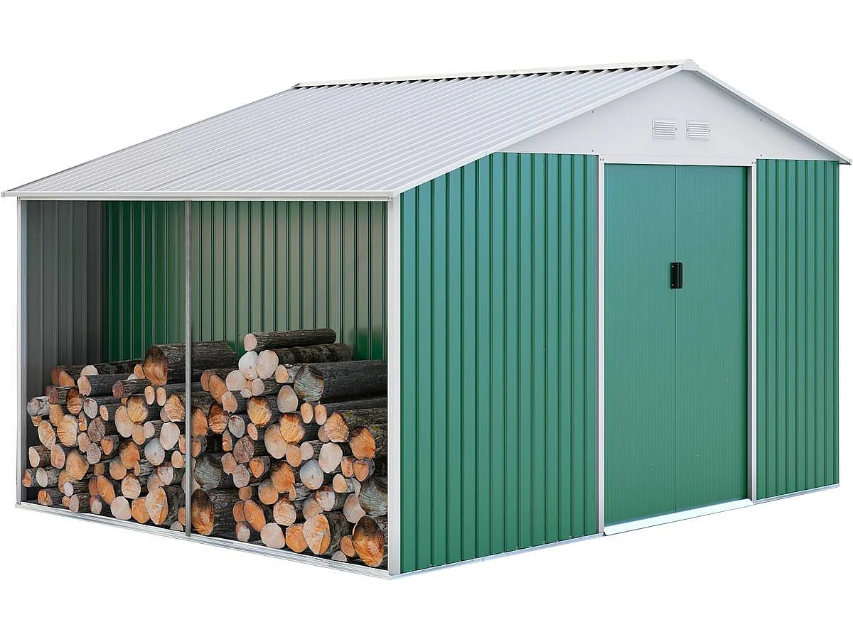 Metalen Tuinhuis "Rosas" 10.85 m² met Houtopslag en Tuingereedschap Opslag