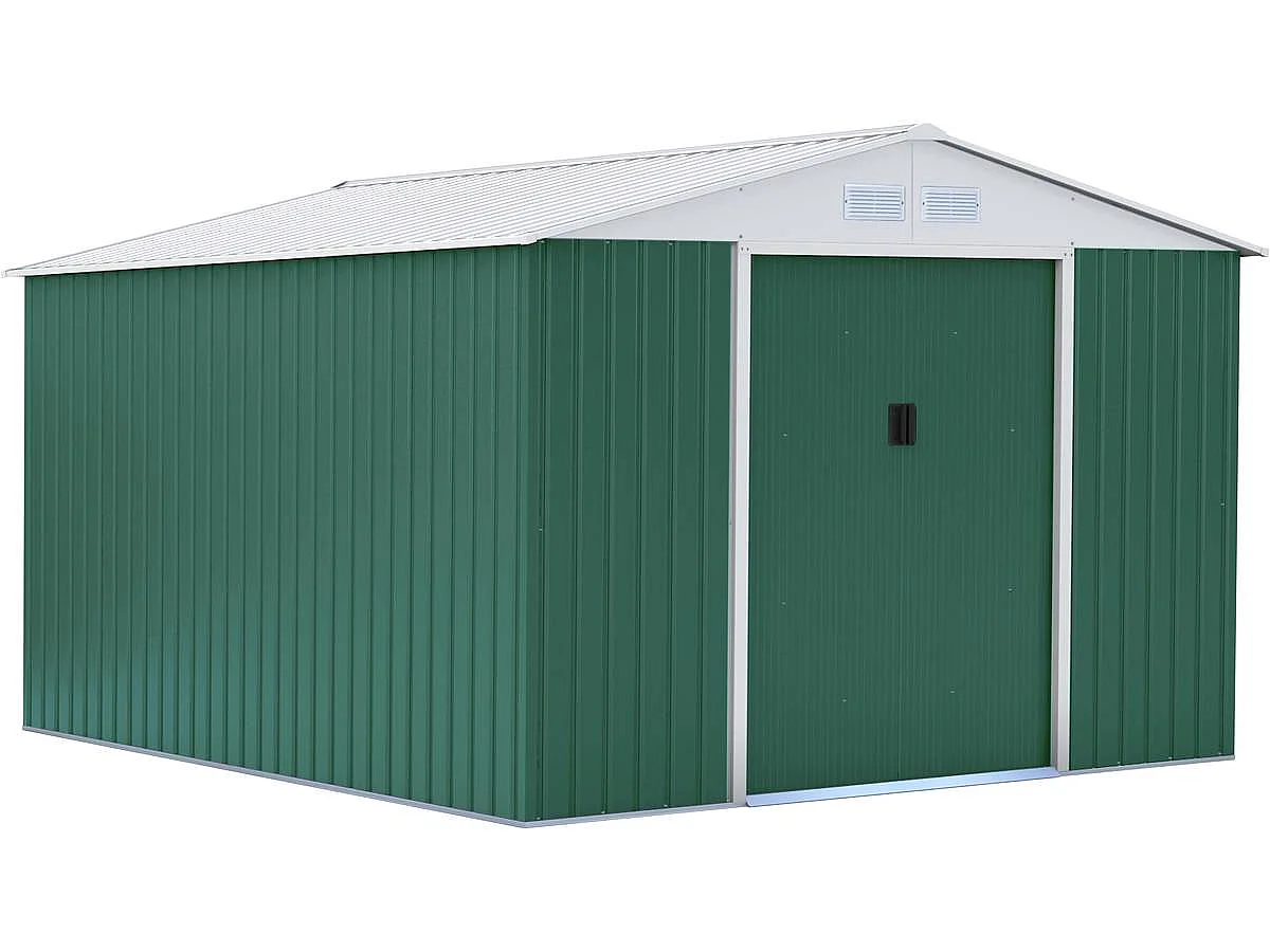 Abri de jardin métal "Rosas" 10.85 m² avec abri bûche - Vert