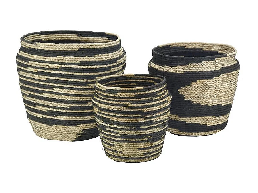 Cache-pots ronds en jonc naturel et noir Dakar