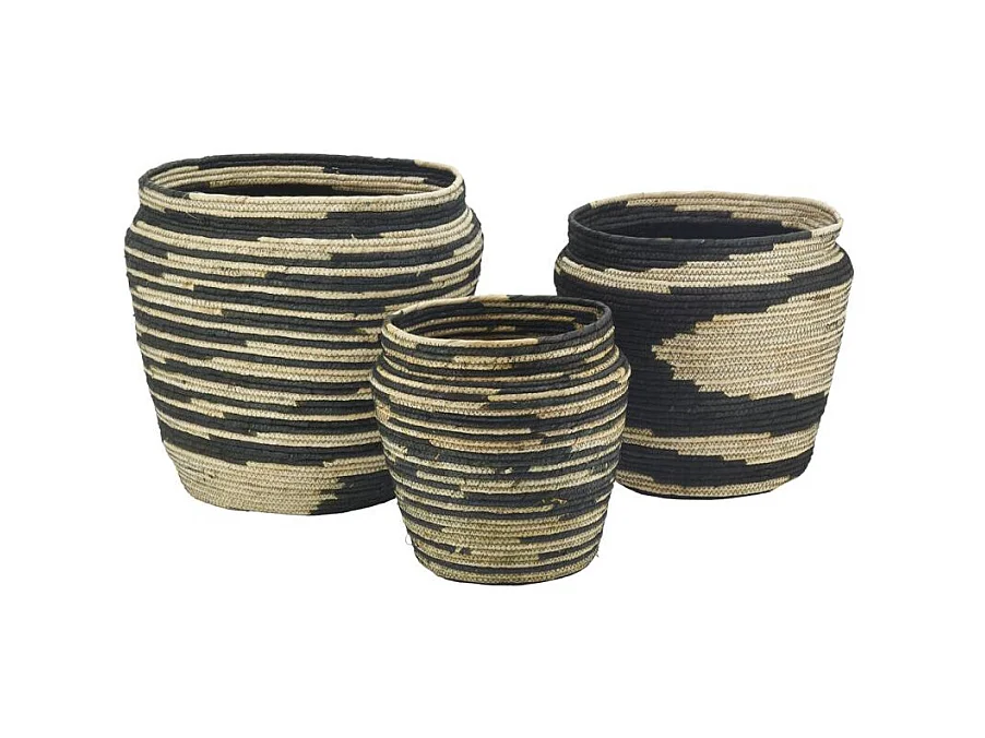 Cache-pots ronds en jonc naturel et noir Dakar
