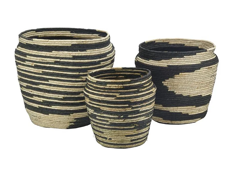 Cache-pots ronds en jonc naturel et noir Dakar