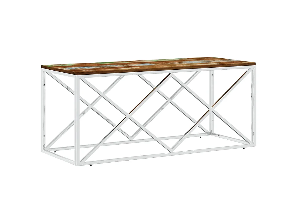 Table basse acier inoxydable et bois massif de récupération