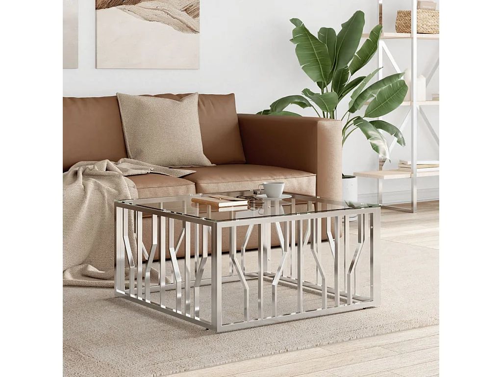 Table basse 80x80x40 cm acier inoxydable et verre
