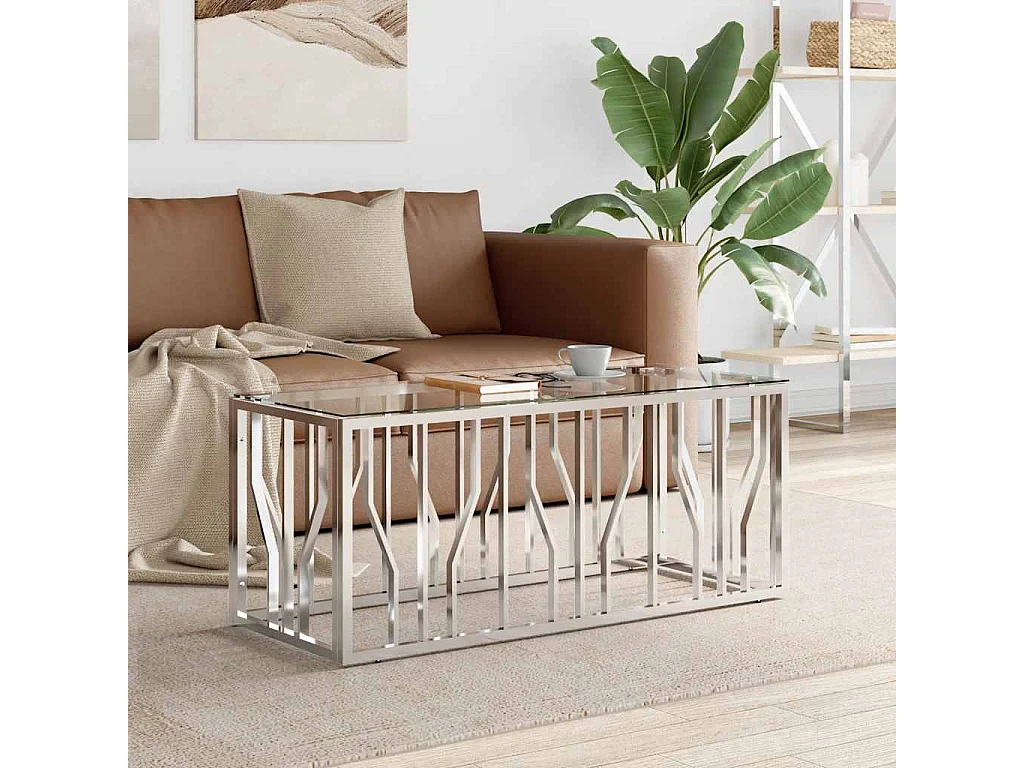 Tavolino da Salotto 110x45x45 cm in Acciaio Inox e Vetro