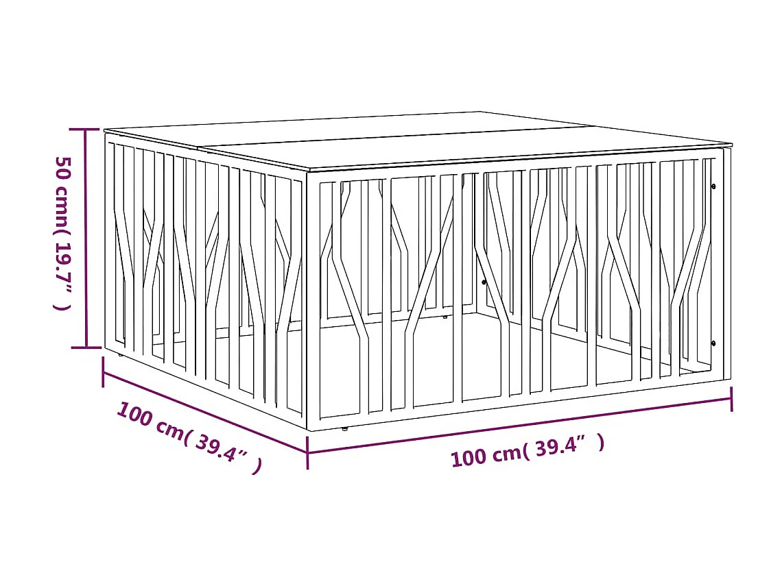 Table basse 100x100x50 cm acier inoxydable et verre