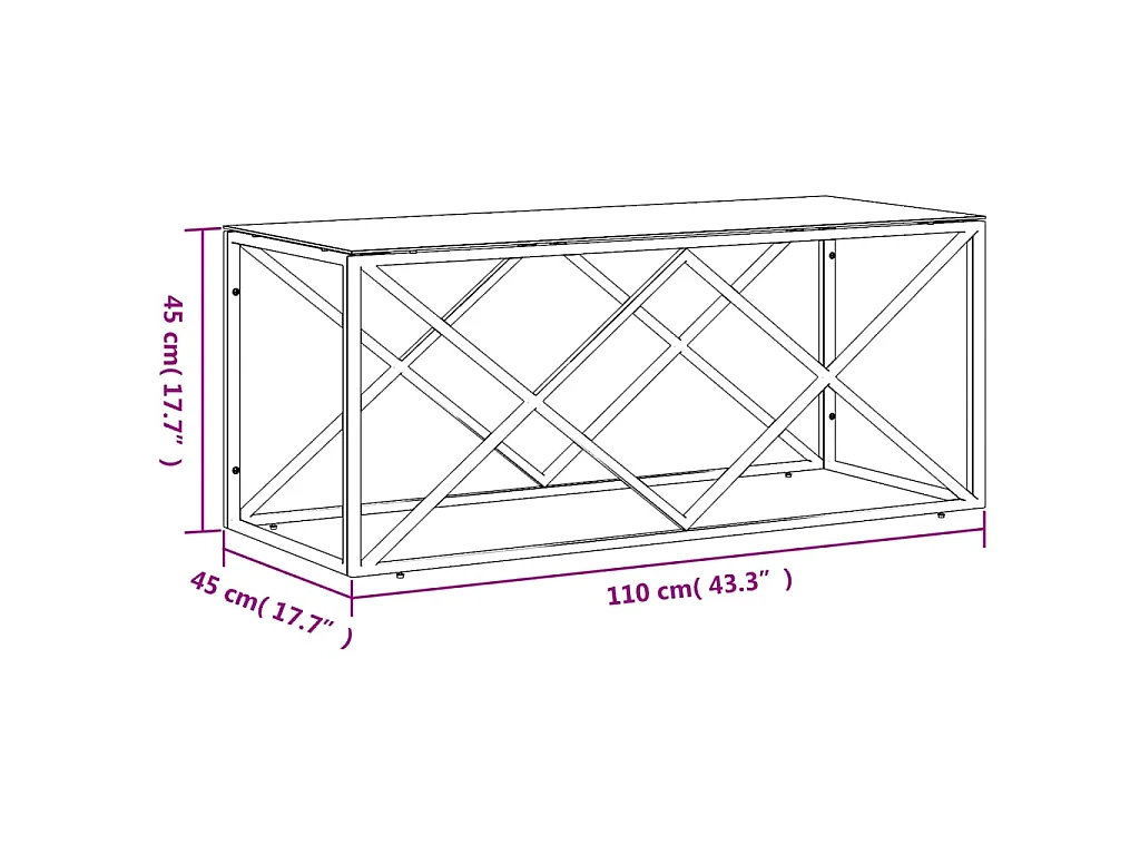 Salontafel 110x45x45 cm roestvrij staal en glas