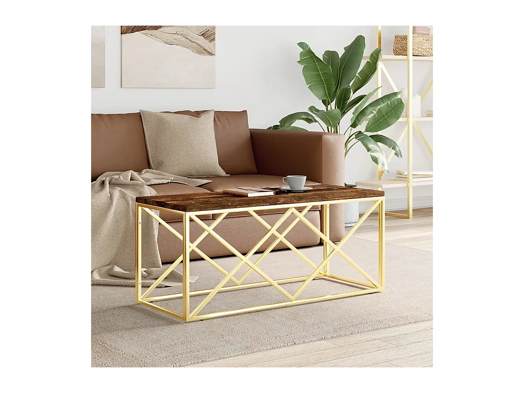 Table basse acier inoxydable et bois massif de récupération