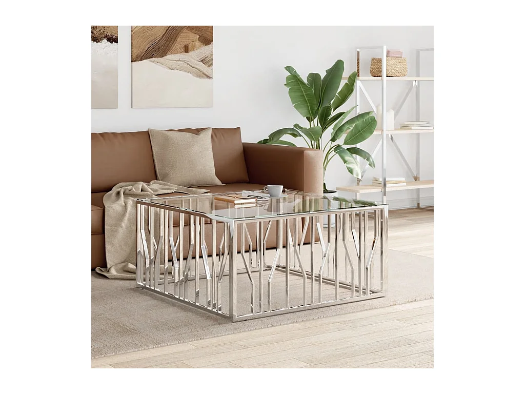 Table basse 100x100x50 cm acier inoxydable et verre