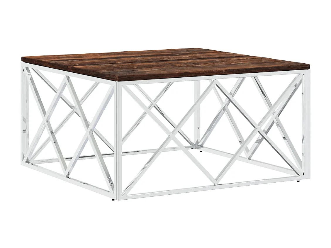 Table basse acier inoxydable et bois massif de récupération