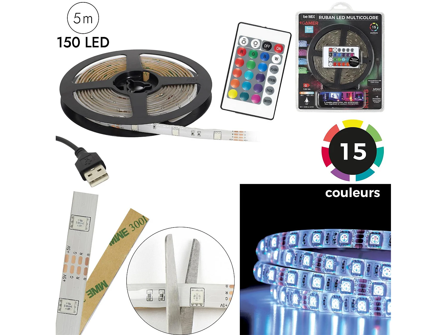 Ruban Rgb 150 Led 500cm Telecommande Multicolore