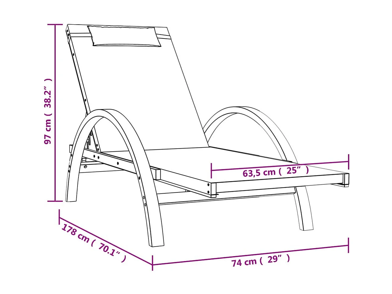 Chaise longue avec coussin gris textilène/bois massif peuplier