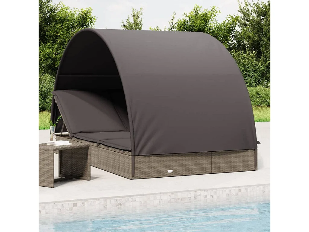 Tumbona 2 personas toldo redondo ratán PE gris 211x112x140 cm