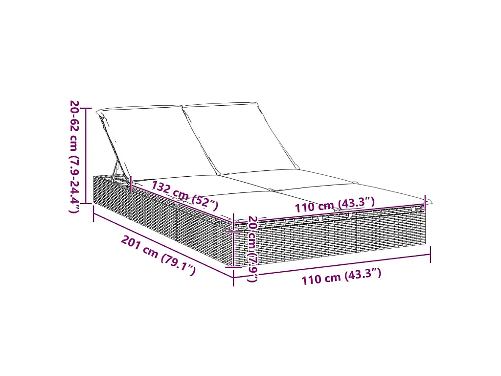 Sonnenliege für 2 Personen mit Auflage Schwarz Poly Rattan
