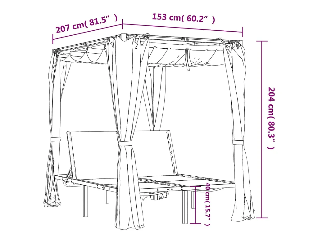 Chaise longue double avec rideaux latéraux et supérieurs