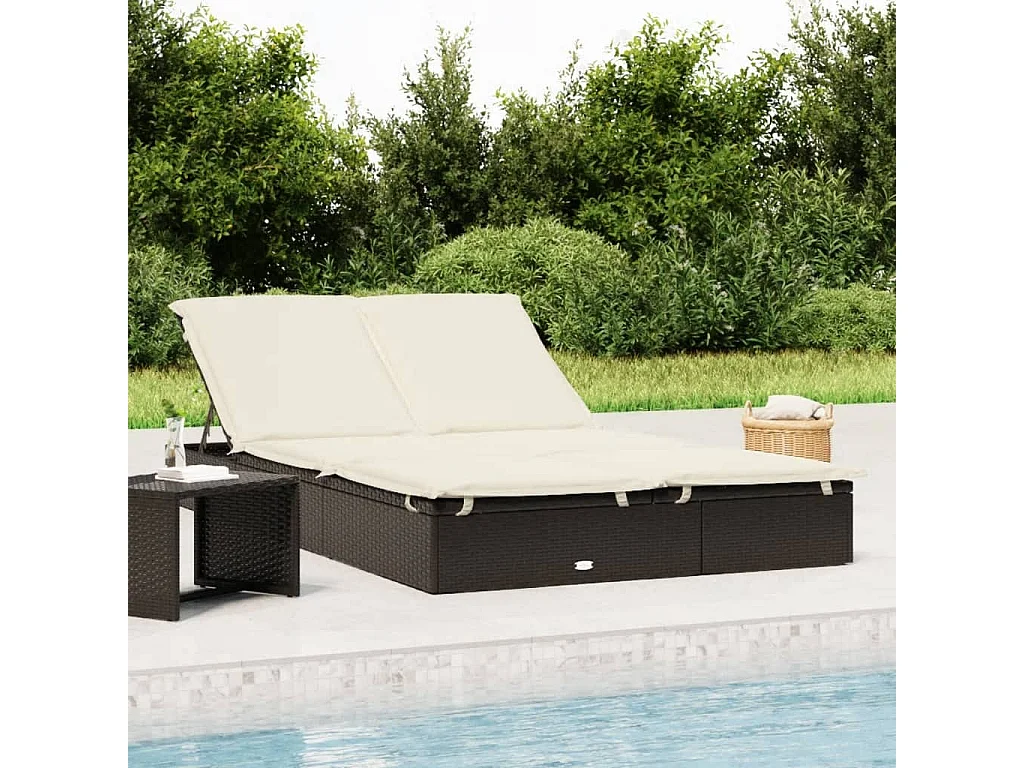 Sonnenliege für 2 Personen mit Auflage Schwarz Poly Rattan