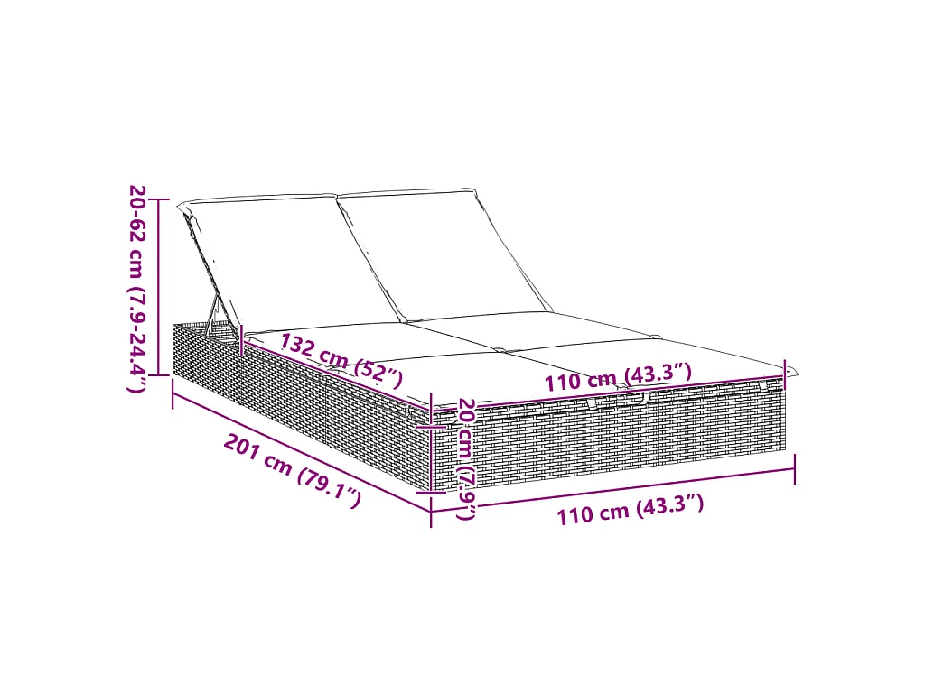 Sonnenliege für 2 Personen mit Auflage Schwarz Poly Rattan