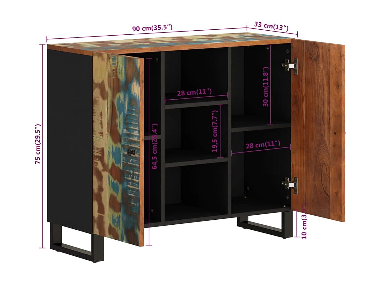 Buffet avec 2 portes 90x33x75 cm bois massif de récupération