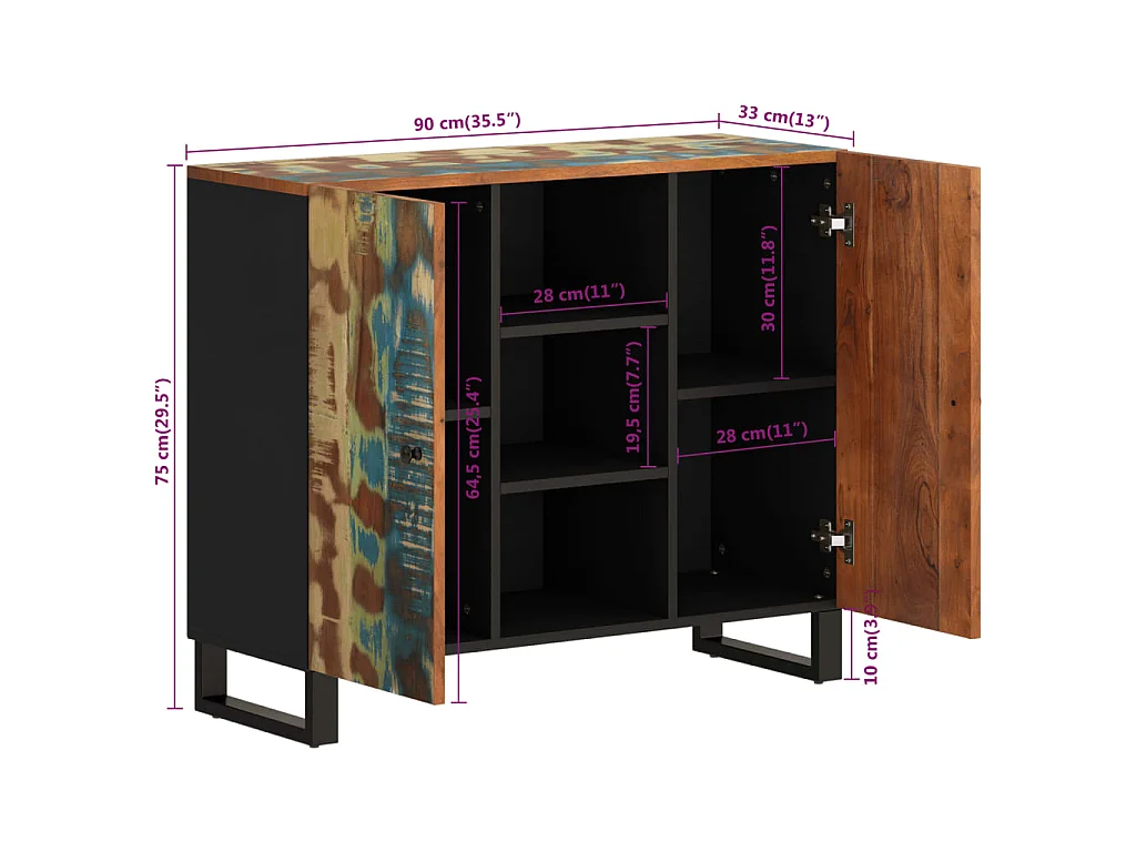 Credenza con 2 Ante 90x33x75 cm in Legno Massello di Recupero