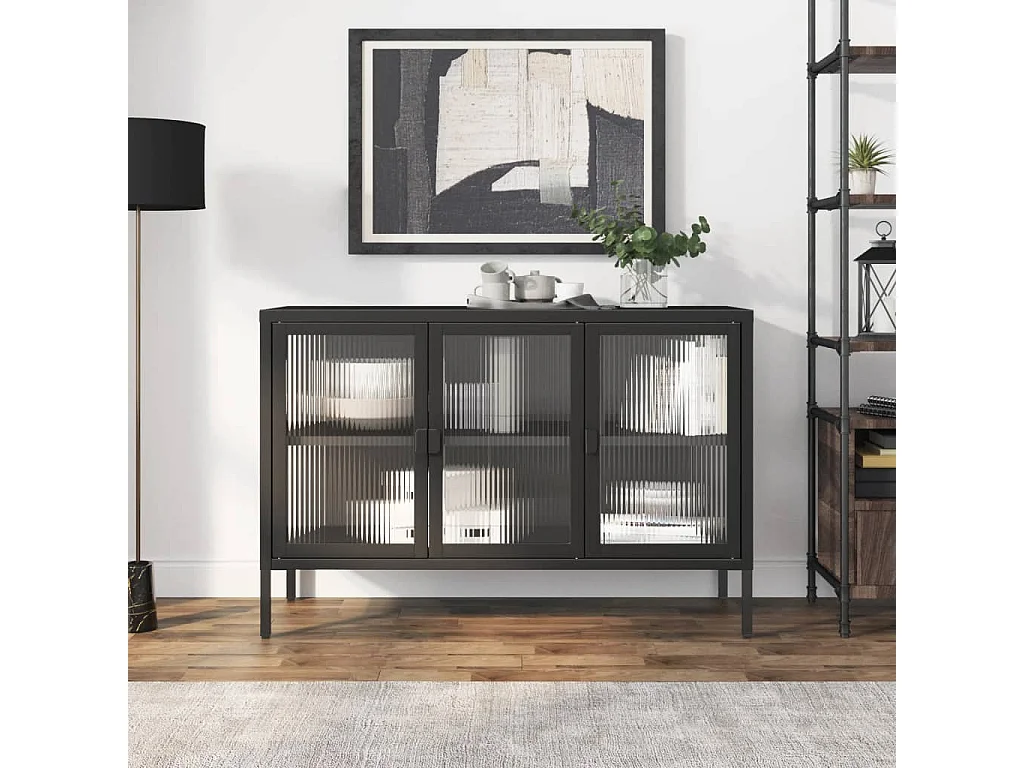 Buffet noir 105x35x70 cm verre et acier