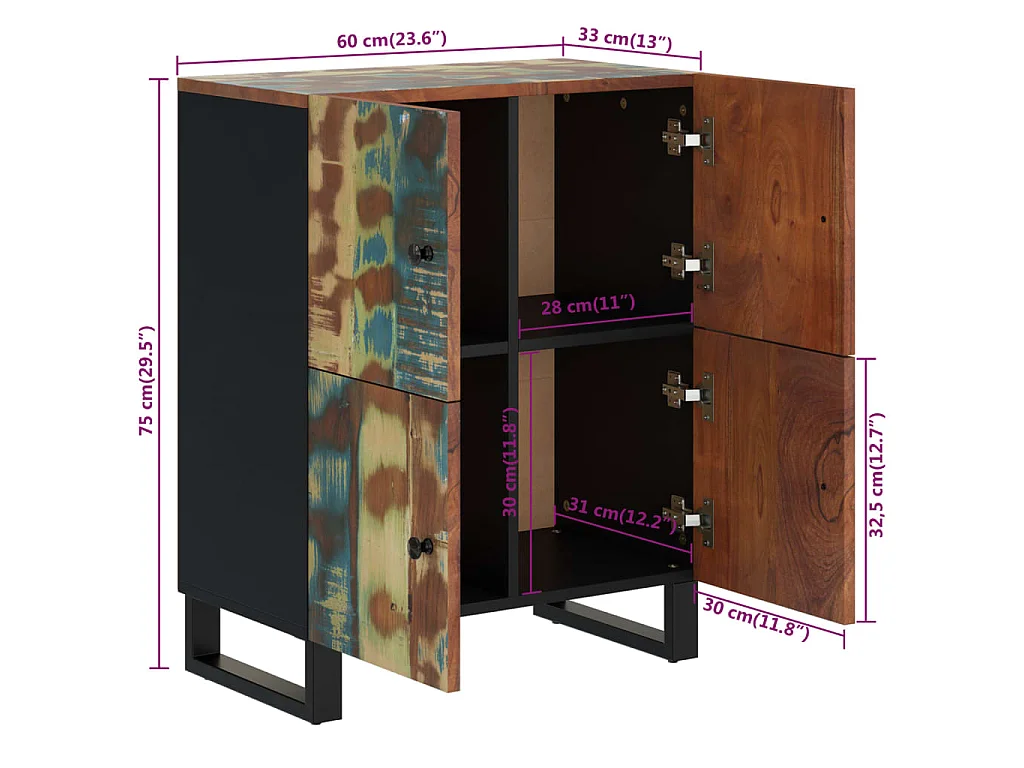 Credenza con 4 Ante 60x33x75 cm in Legno Massello di Recupero