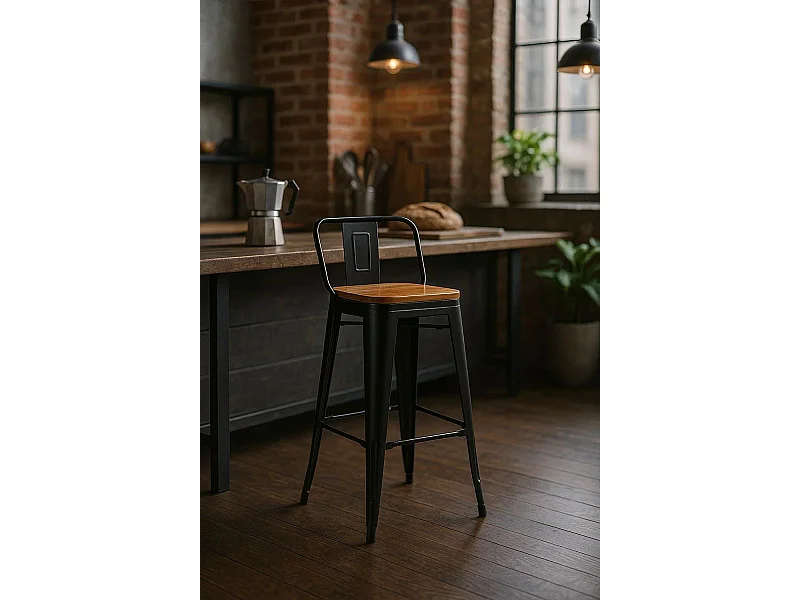 Taburetes Altos - Taburete Torix Respaldo Madera Natural - Negro mate