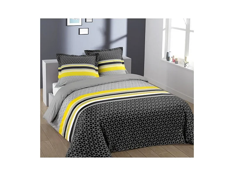 Parure de couette Lisa - 100% coton - 1 housse de couette 200 x 200 cm + 2 taies d'oreiller 65 x 65 cm - Jaune et gris