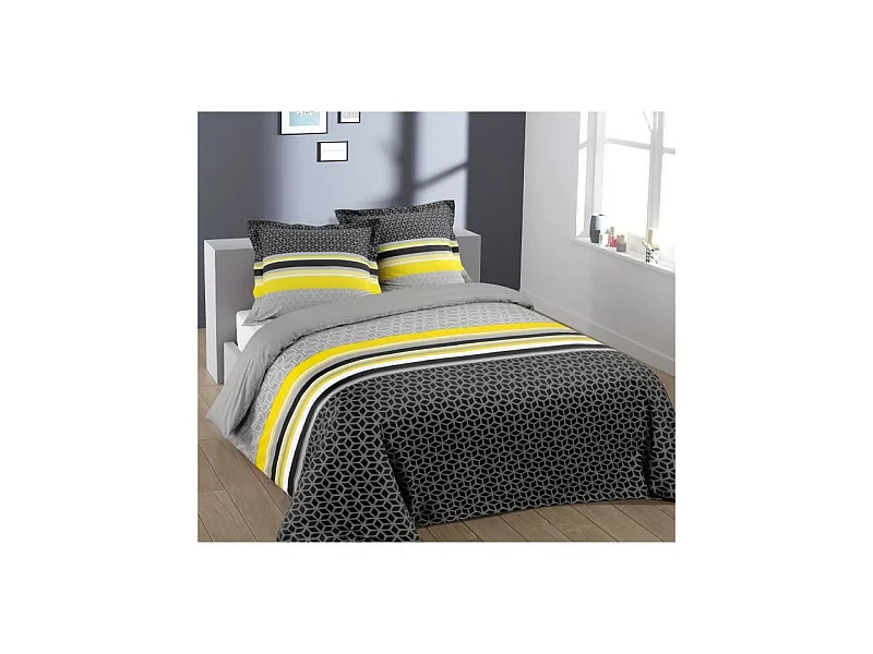 Parure de couette Lisa - 100% coton - 1 housse de couette 200 x 200 cm + 2 taies d'oreiller 65 x 65 cm - Jaune et gris