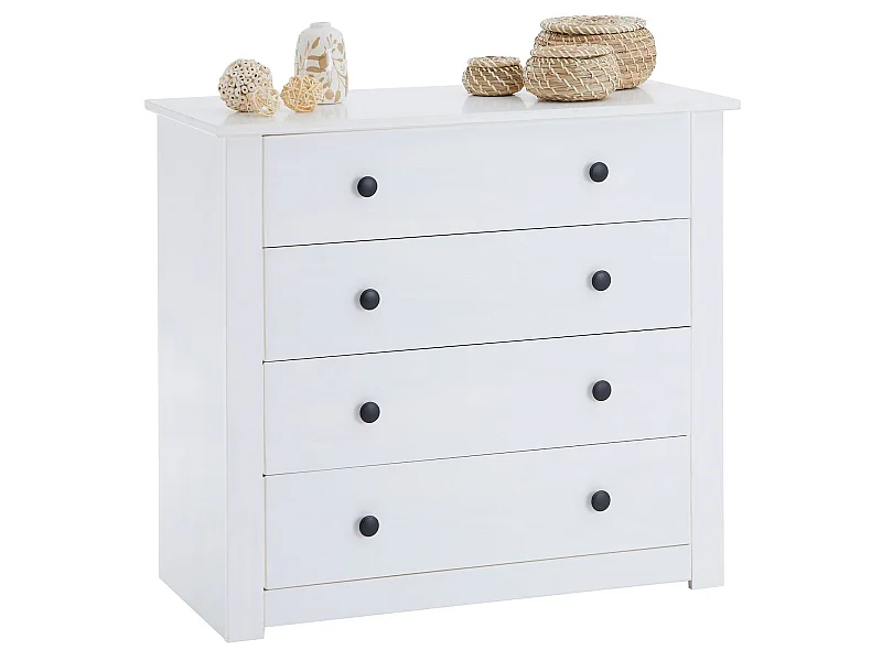 Commode chambre PAULO L 73 cm en bois massif blanc avec 4 tiroirs, meuble de rangement à vêtement