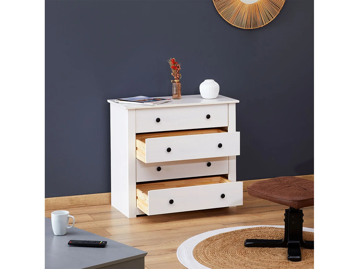 Commode chambre PAULO L 73 cm en bois massif blanc avec 4 tiroirs, meuble de rangement à vêtement