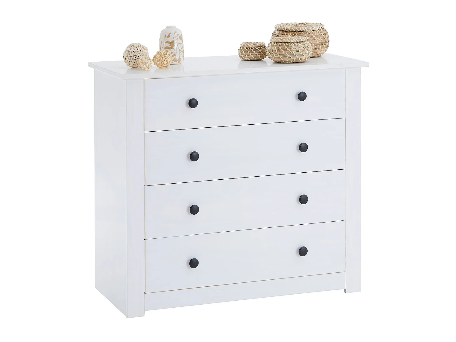 Commode chambre PAULO L 73 cm en bois massif blanc avec 4 tiroirs, meuble de rangement à vêtement