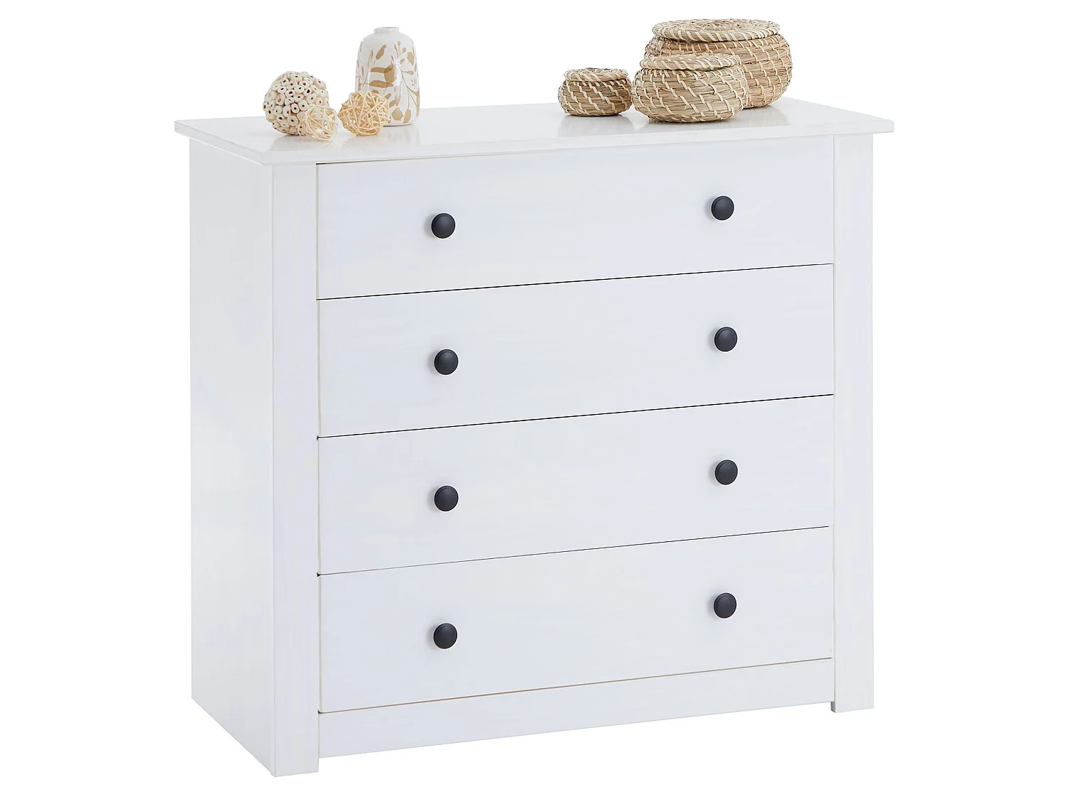 Commode chambre PAULO L 73 cm en bois massif blanc avec 4 tiroirs, meuble de rangement à vêtement