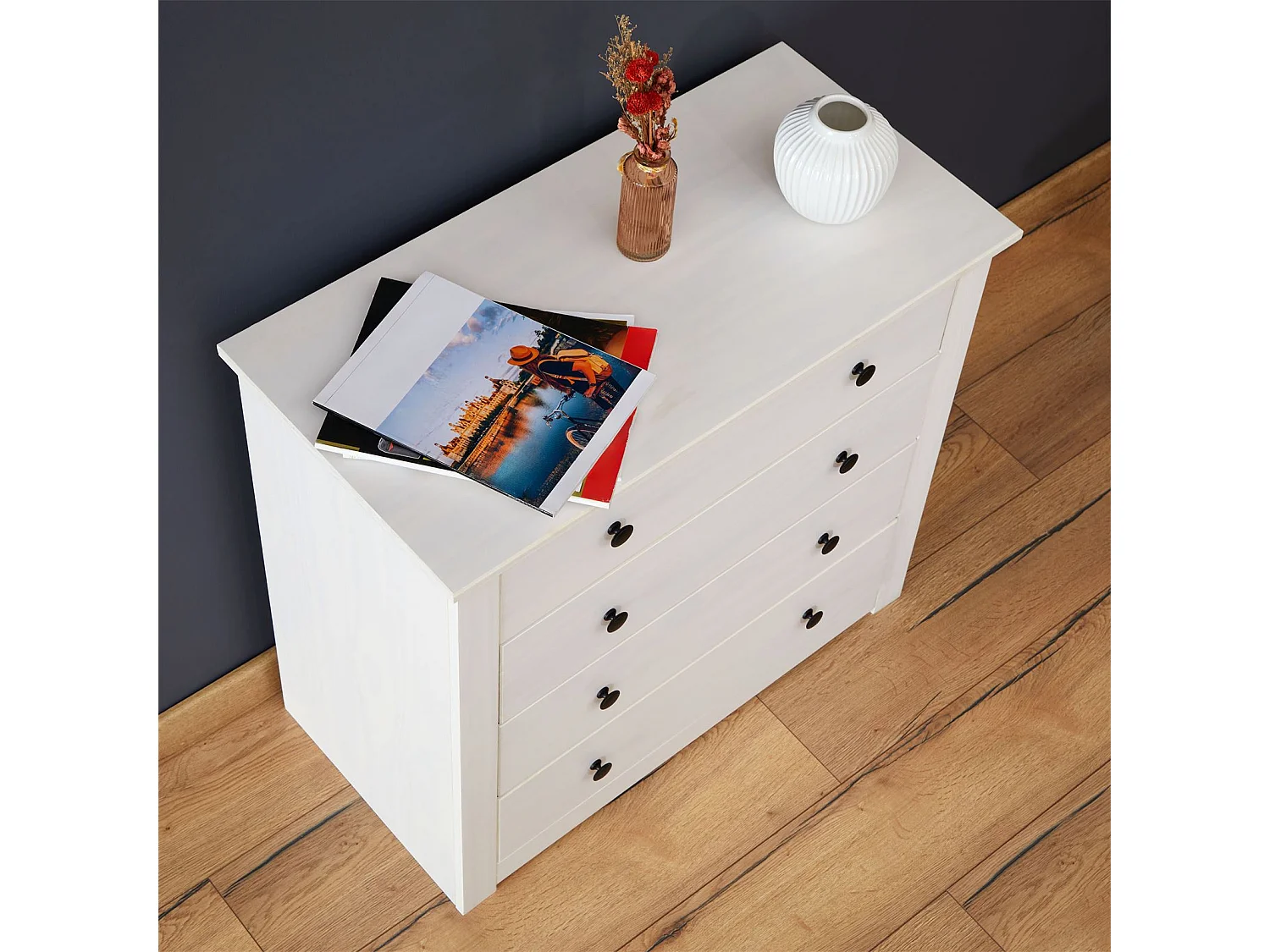 Commode chambre PAULO L 73 cm en bois massif blanc avec 4 tiroirs, meuble de rangement à vêtement