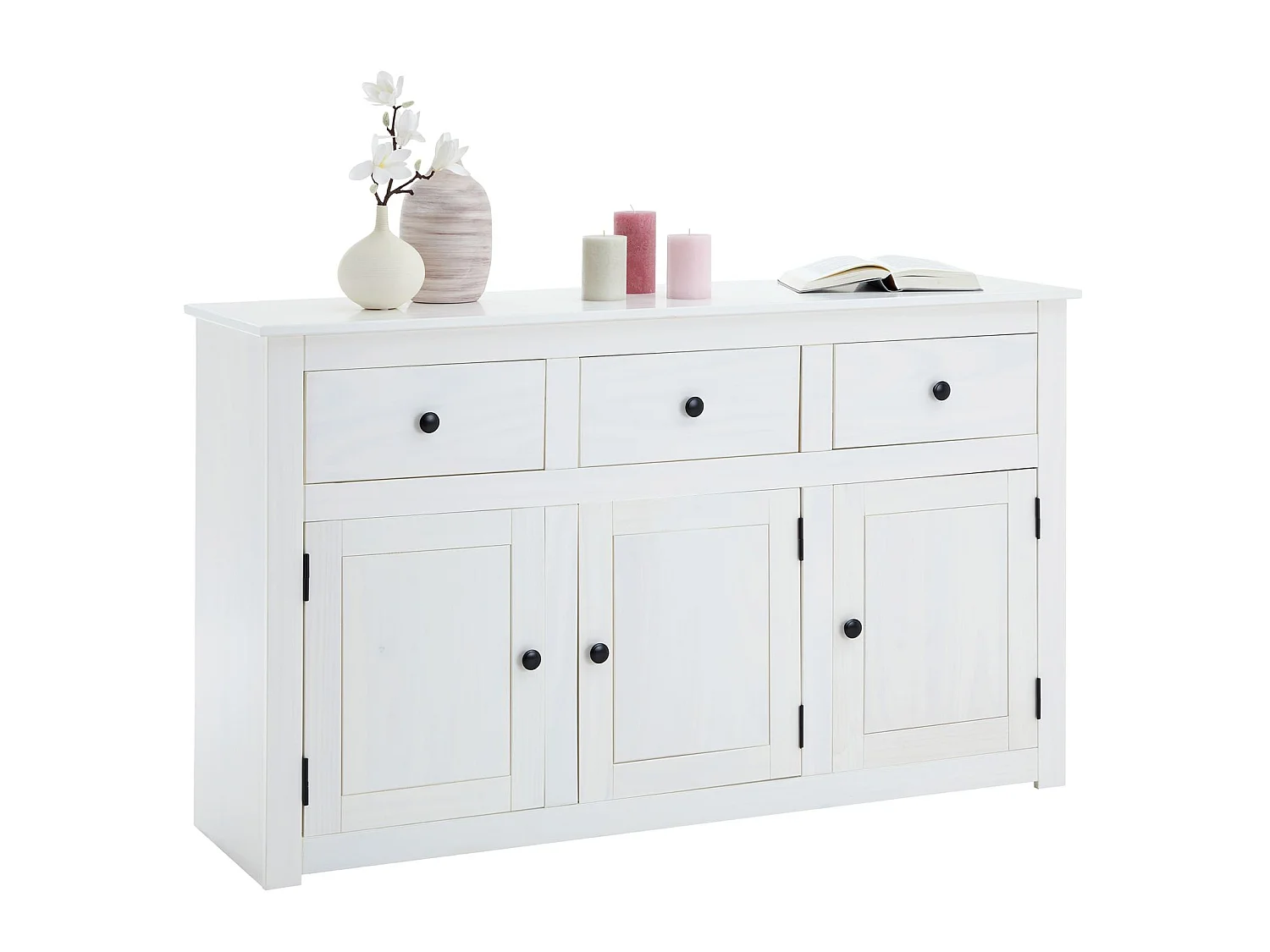 Buffet blanc PAULO bahut en pin massif avec 3 tiroirs et 3 portes