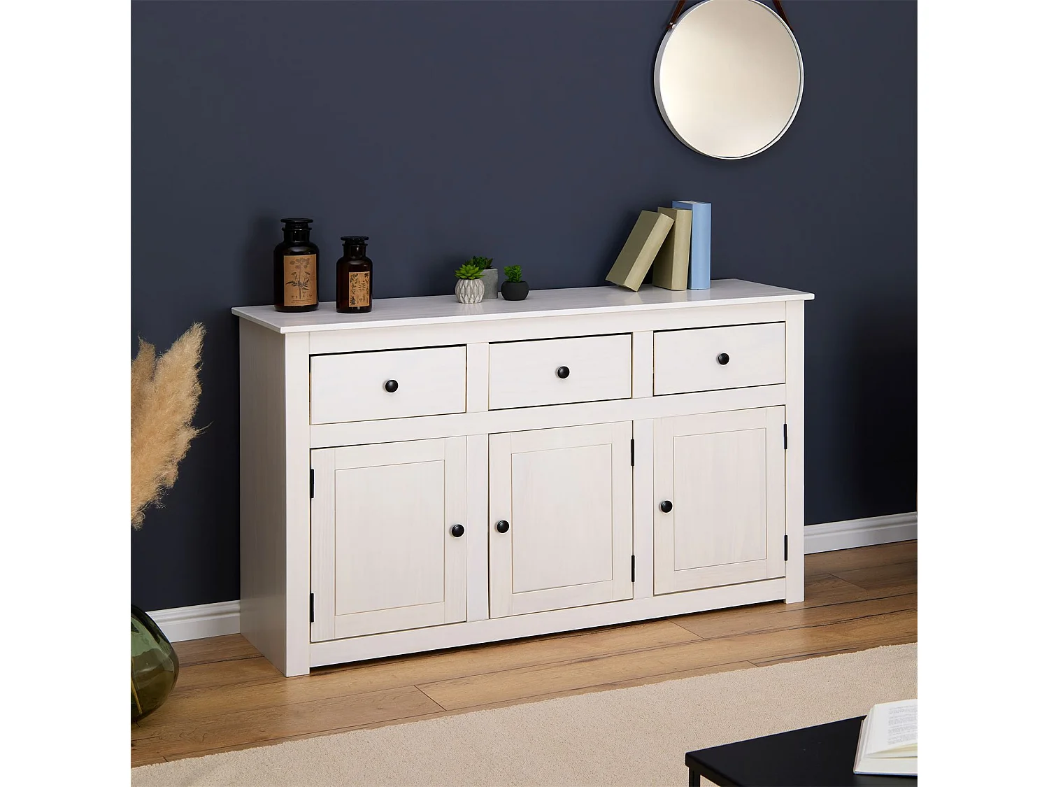 Buffet blanc PAULO bahut en pin massif avec 3 tiroirs et 3 portes